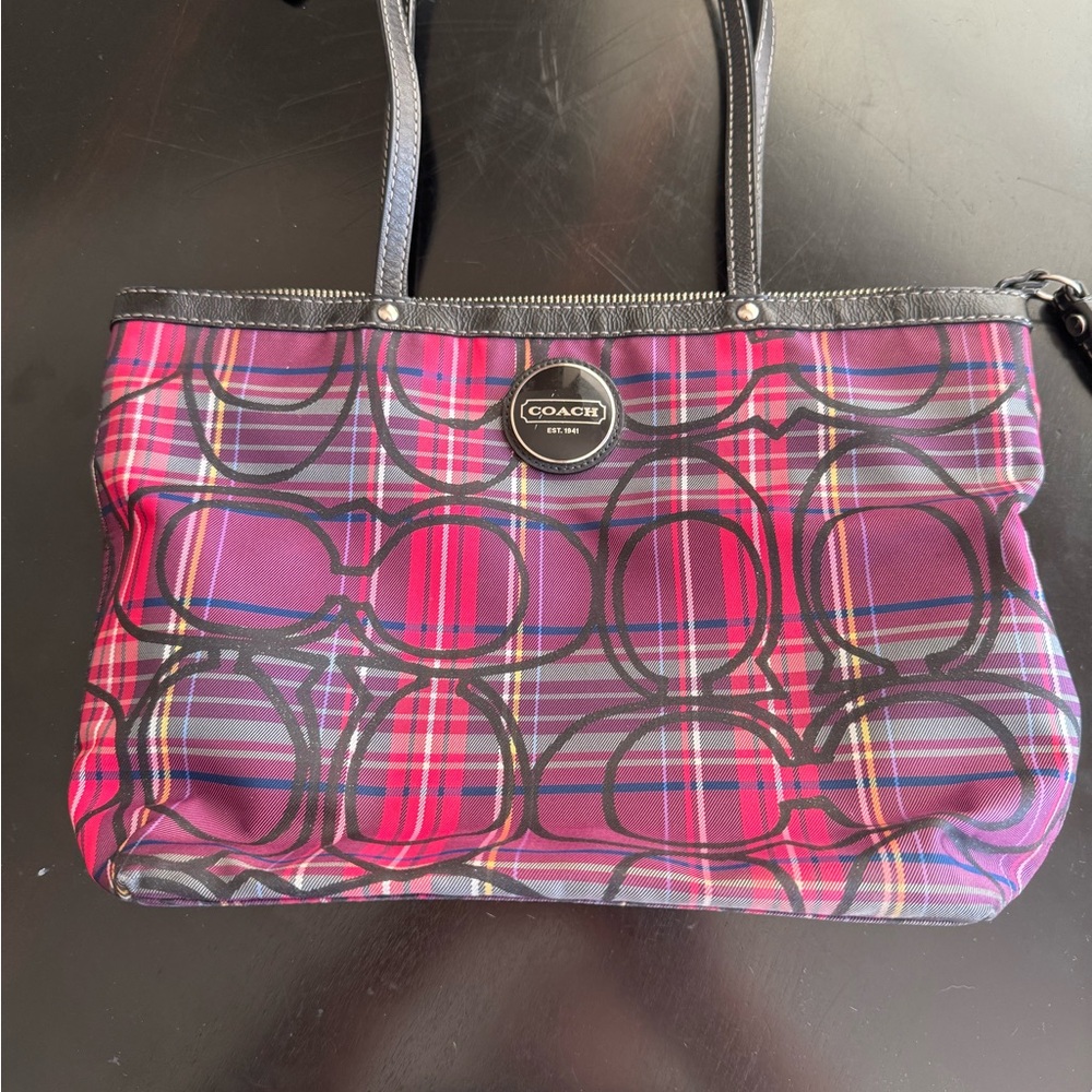Coach Tarten Poppy Plaid Pink and Black Tote